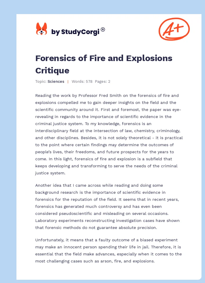 Forensics of Fire and Explosions Critique. Page 1