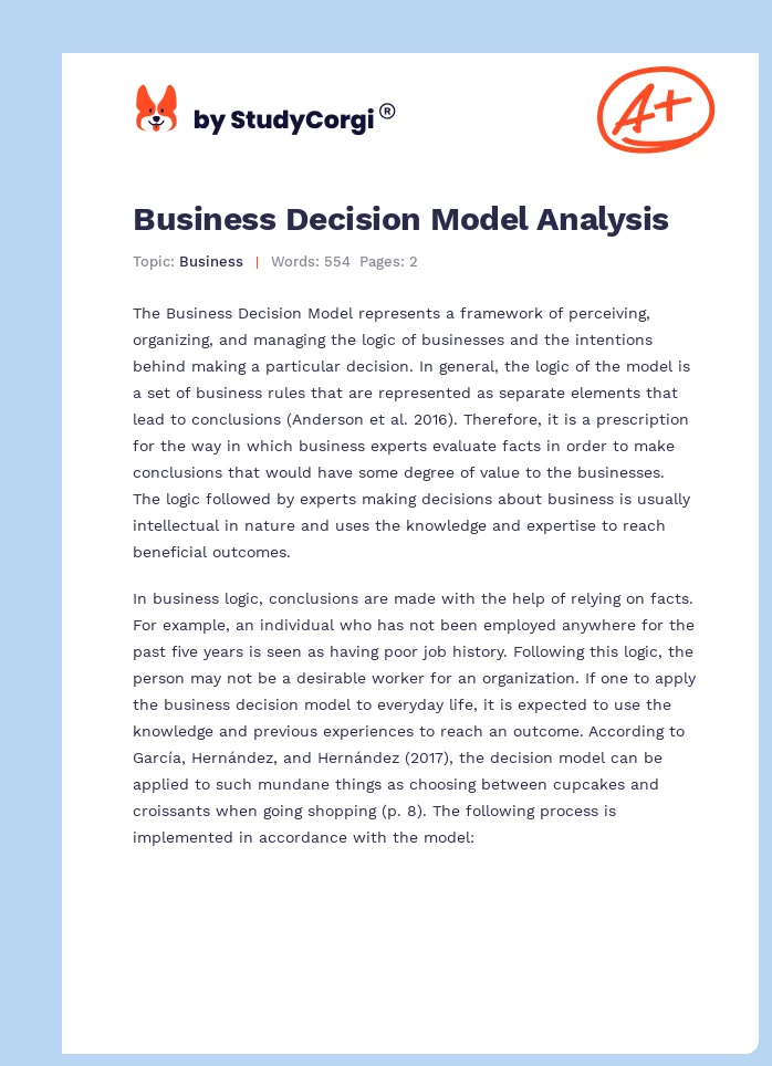 Business Decision Model Analysis. Page 1