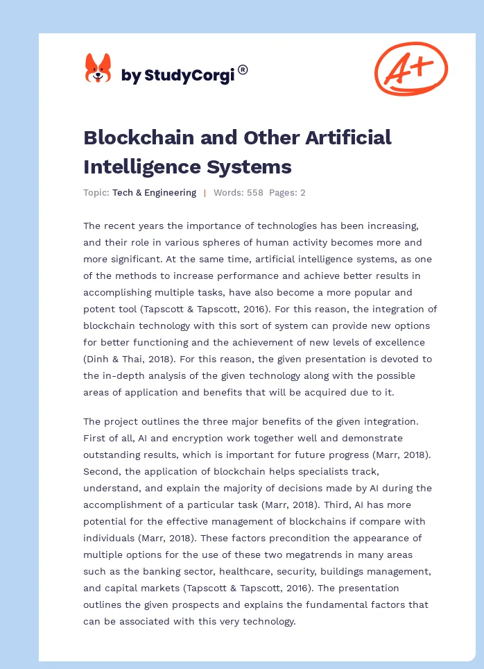 Blockchain and Other Artificial Intelligence Systems. Page 1