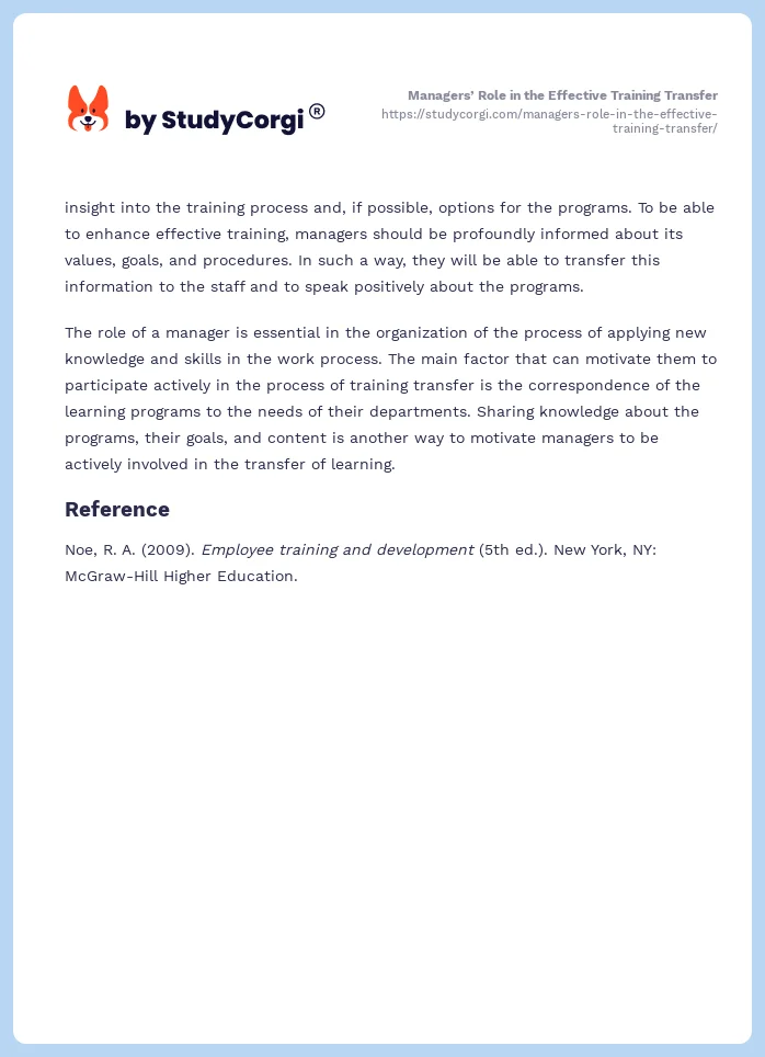 Managers’ Role in the Effective Training Transfer. Page 2