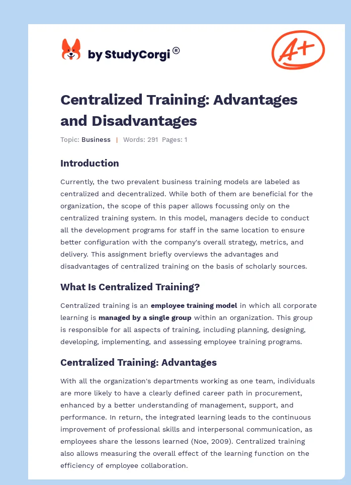 Centralized Training: Advantages and Disadvantages. Page 1