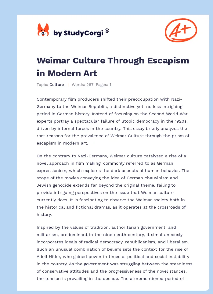 Weimar Culture Through Escapism in Modern Art. Page 1