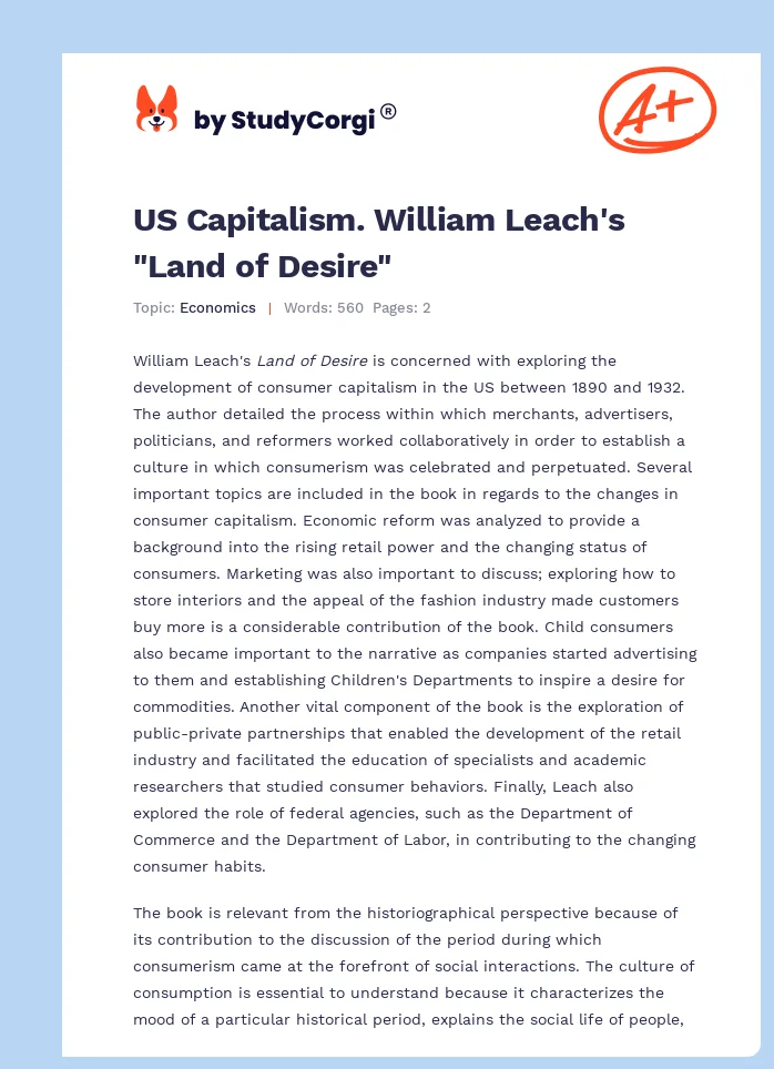 US Capitalism. William Leach's "Land of Desire". Page 1