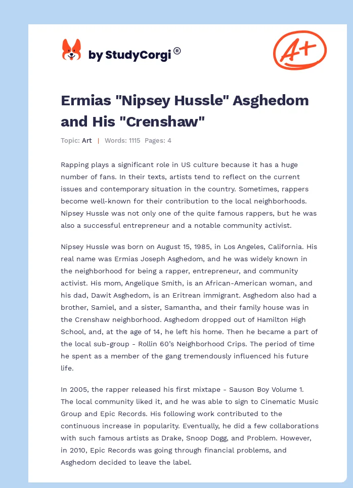 Ermias "Nipsey Hussle" Asghedom and His "Crenshaw". Page 1