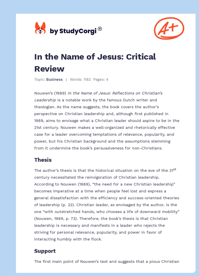 In the Name of Jesus: Critical Review. Page 1