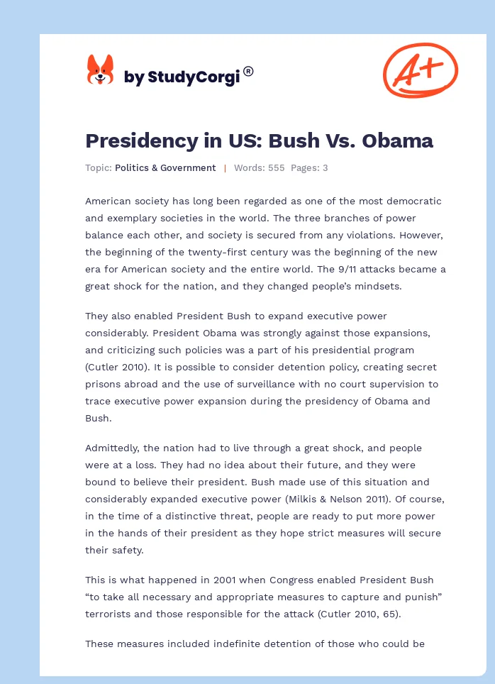 Presidency in US: Bush Vs. Obama. Page 1