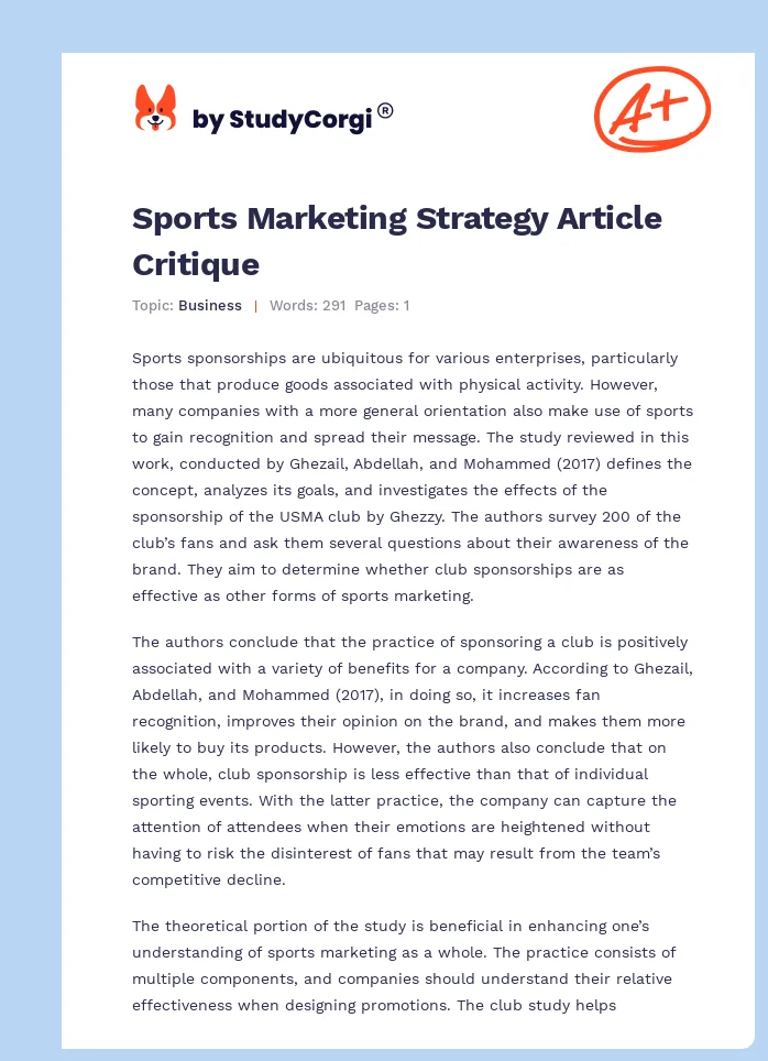 Sports Marketing Strategy Article Critique. Page 1