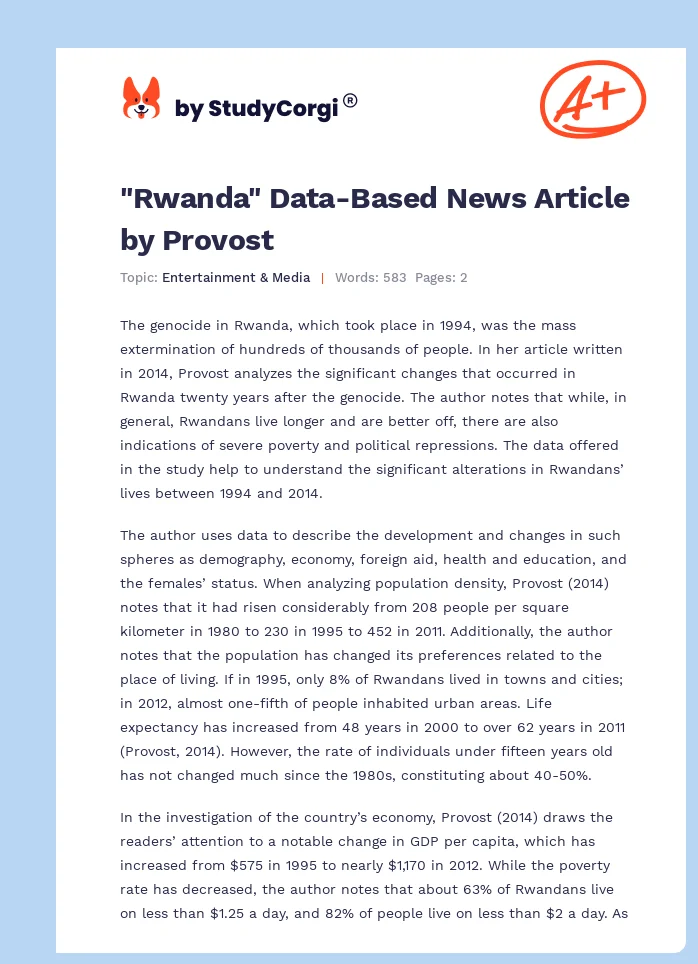 "Rwanda" Data-Based News Article by Provost. Page 1