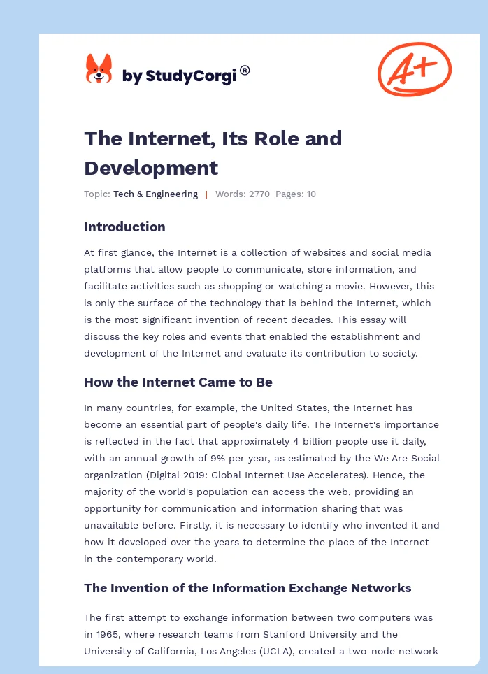 The Internet, Its Role and Development. Page 1