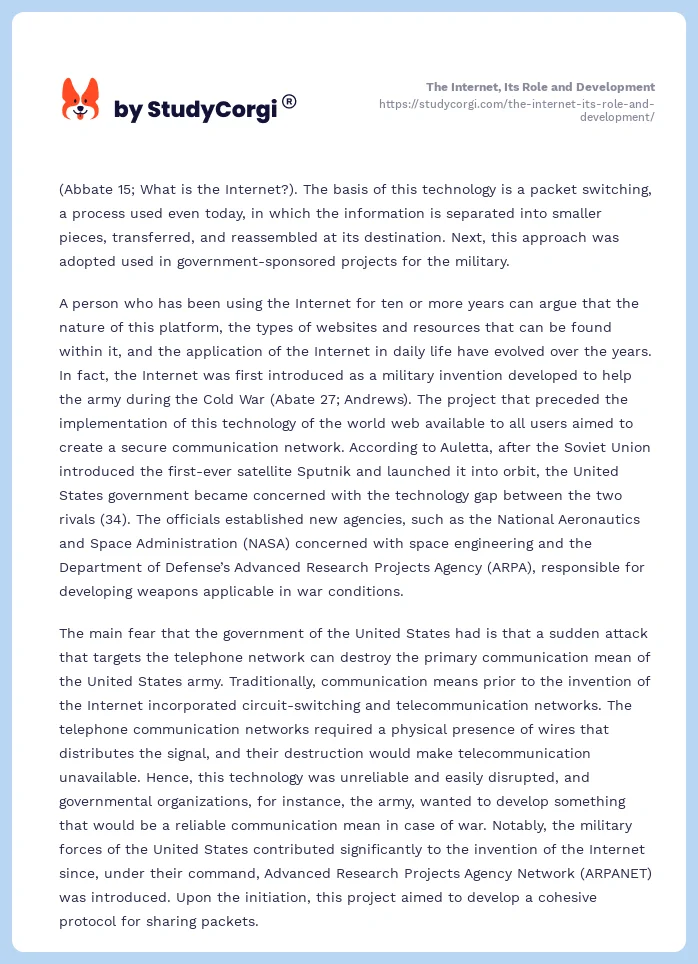 The Internet, Its Role and Development. Page 2