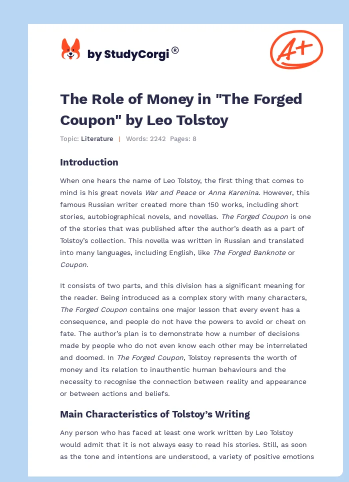 The Role of Money in "The Forged Coupon" by Leo Tolstoy. Page 1