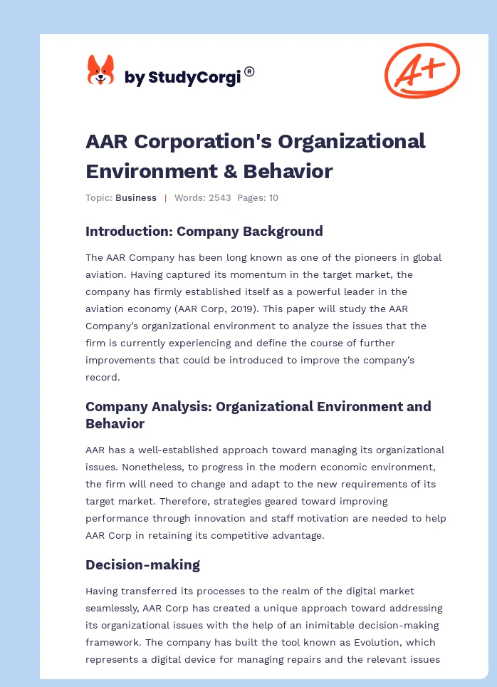 AAR Corporation's Organizational Environment & Behavior. Page 1