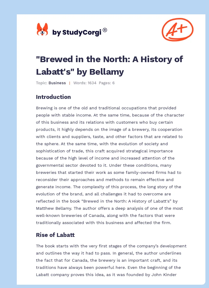 "Brewed in the North: A History of Labatt's" by Bellamy. Page 1