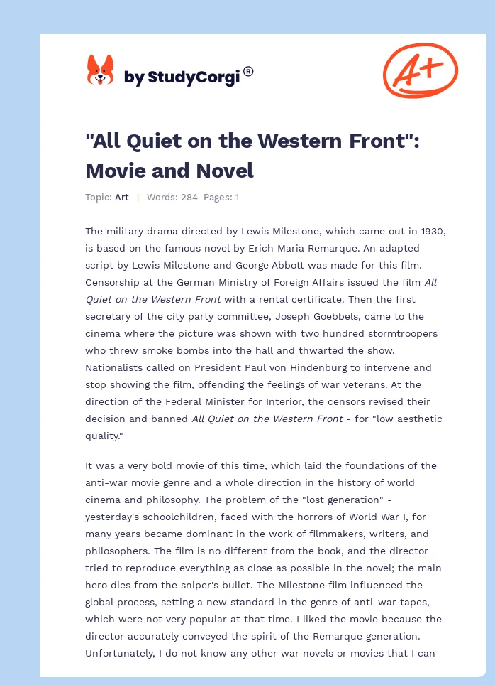 "All Quiet on the Western Front": Movie and Novel. Page 1