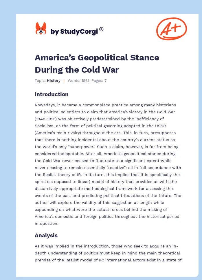 America’s Geopolitical Stance During the Cold War. Page 1