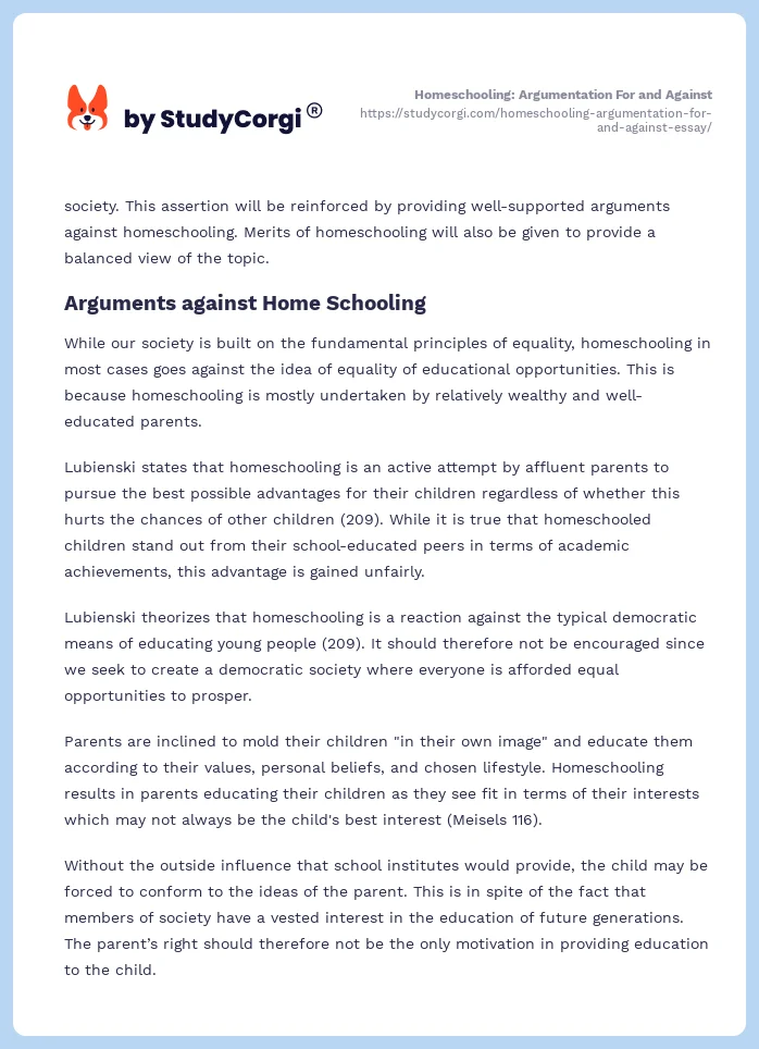 Homeschooling: Argumentation For and Against. Page 2