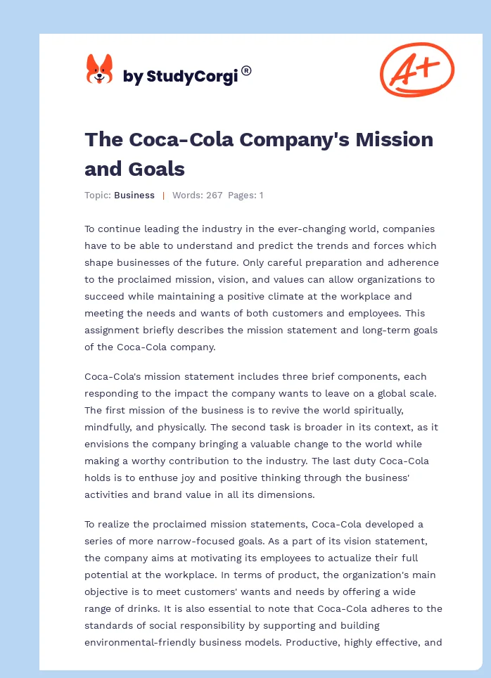 The Coca-Cola Company's Mission and Goals. Page 1