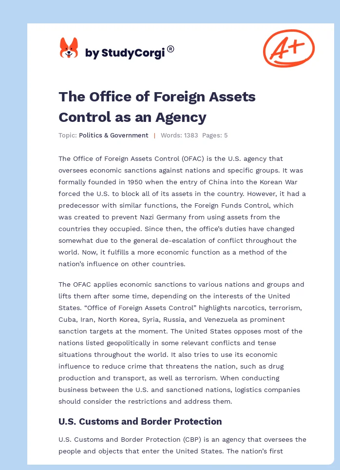 The Office of Foreign Assets Control as an Agency. Page 1