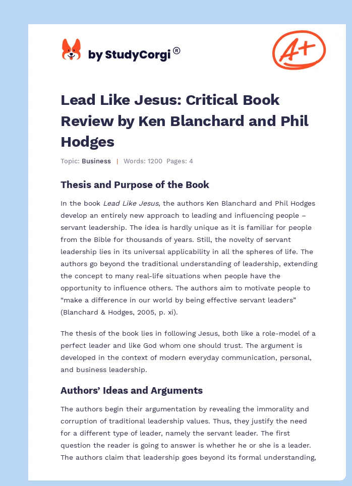 Lead Like Jesus: Critical Book Review by Ken Blanchard and Phil Hodges. Page 1