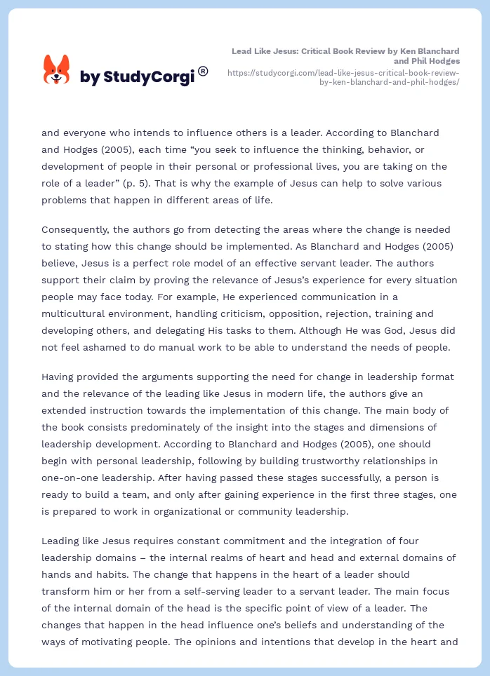 Lead Like Jesus: Critical Book Review by Ken Blanchard and Phil Hodges. Page 2