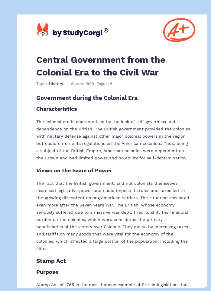 Central Government from the Colonial Era to the Civil War. Page 1