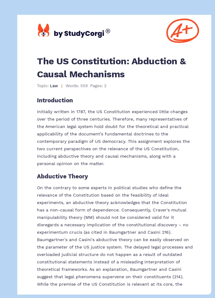 The US Constitution: Abduction & Causal Mechanisms. Page 1