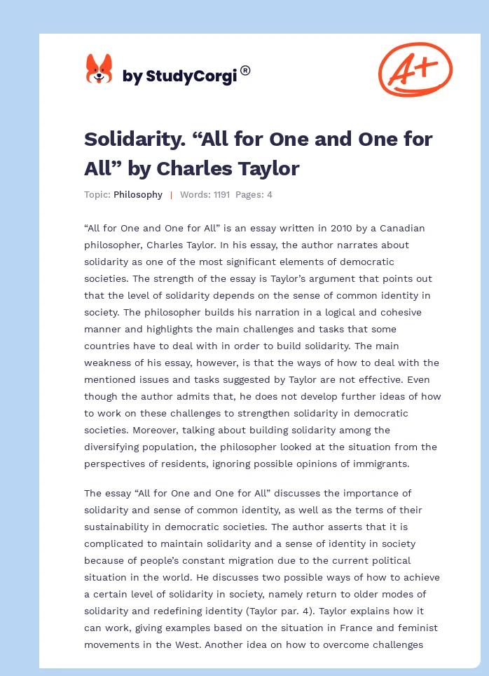 Solidarity. “All for One and One for All” by Charles Taylor. Page 1