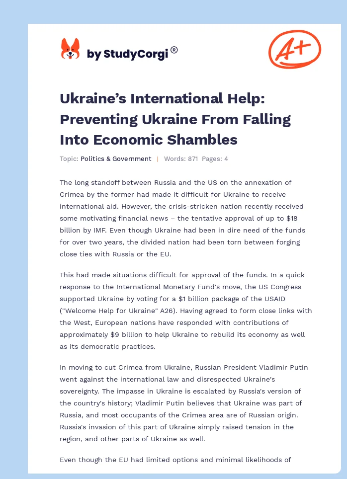 Ukraine’s International Help: Preventing Ukraine From Falling Into Economic Shambles. Page 1
