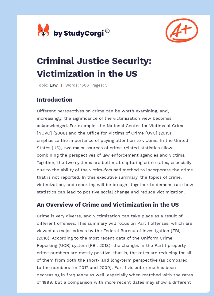 Criminal Justice Security: Victimization in the US. Page 1