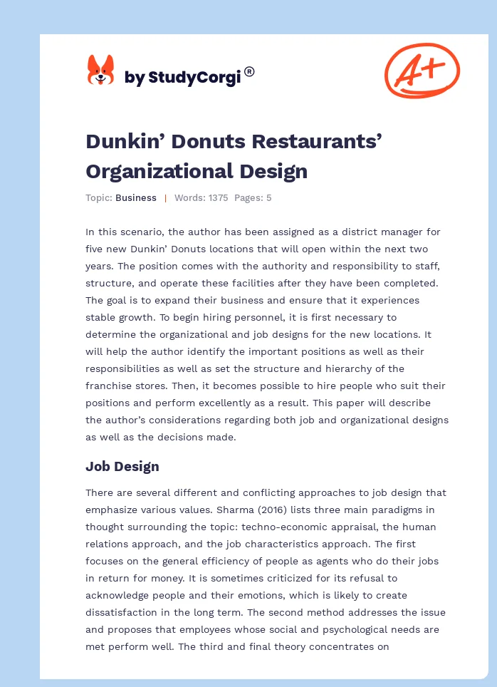 Dunkin’ Donuts Restaurants’ Organizational Design. Page 1