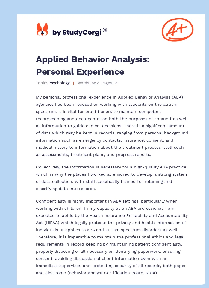 Applied Behavior Analysis: Personal Experience. Page 1