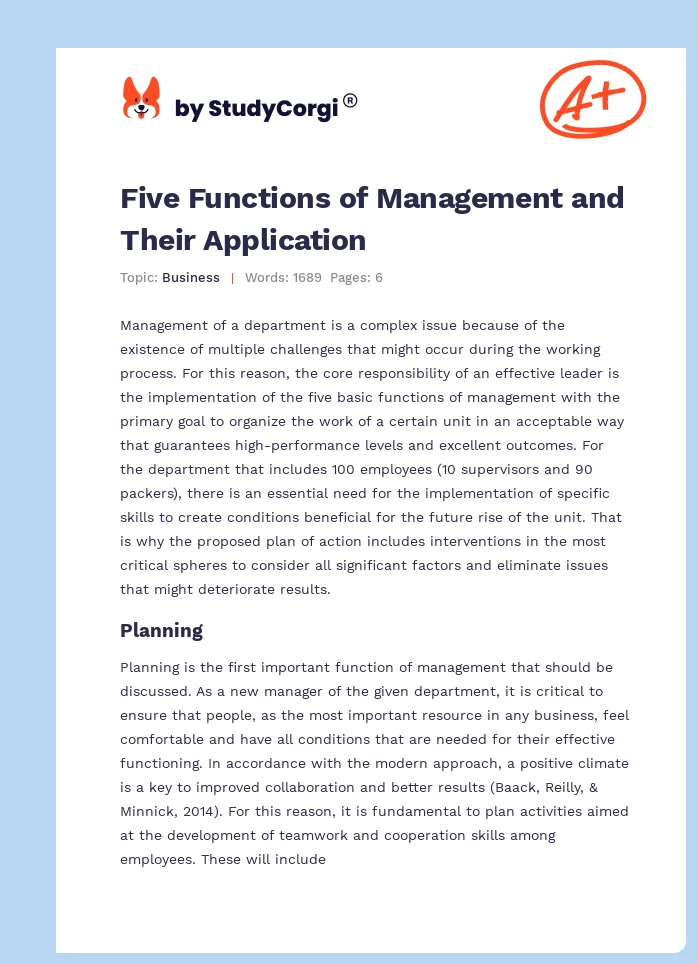 Five Functions of Management and Their Application. Page 1