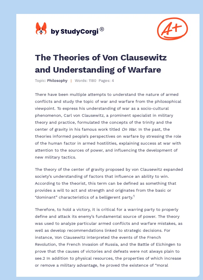 The Theories of Von Clausewitz and Understanding of Warfare. Page 1