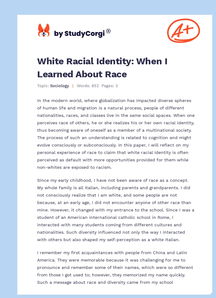 White Racial Identity: When I Learned About Race. Page 1