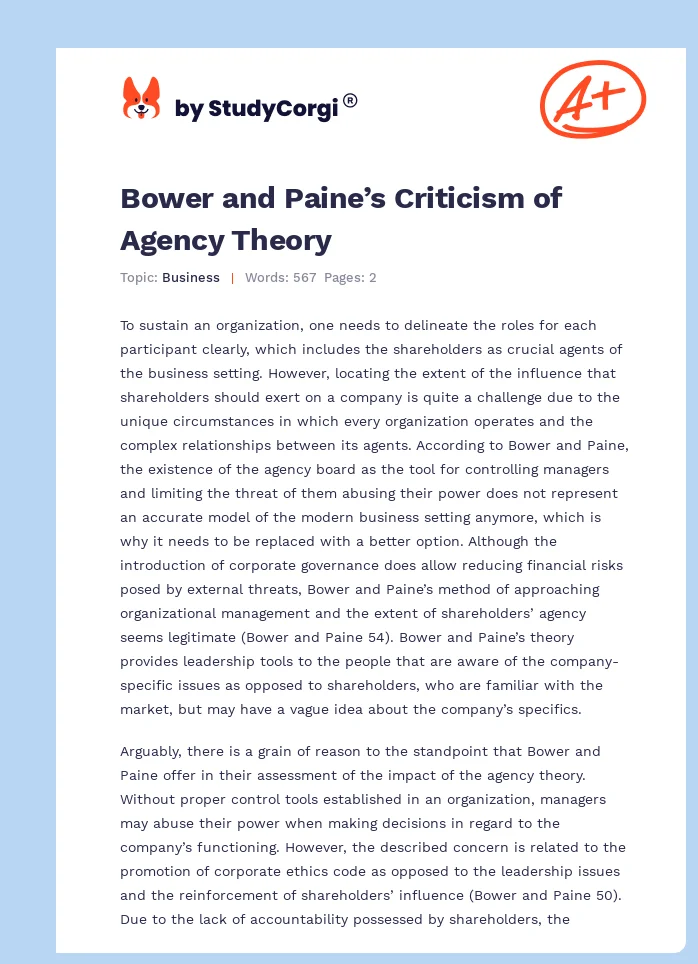 Bower and Paine’s Criticism of Agency Theory. Page 1
