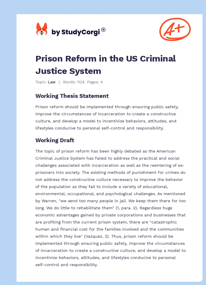 Prison Reform in the US Criminal Justice System. Page 1