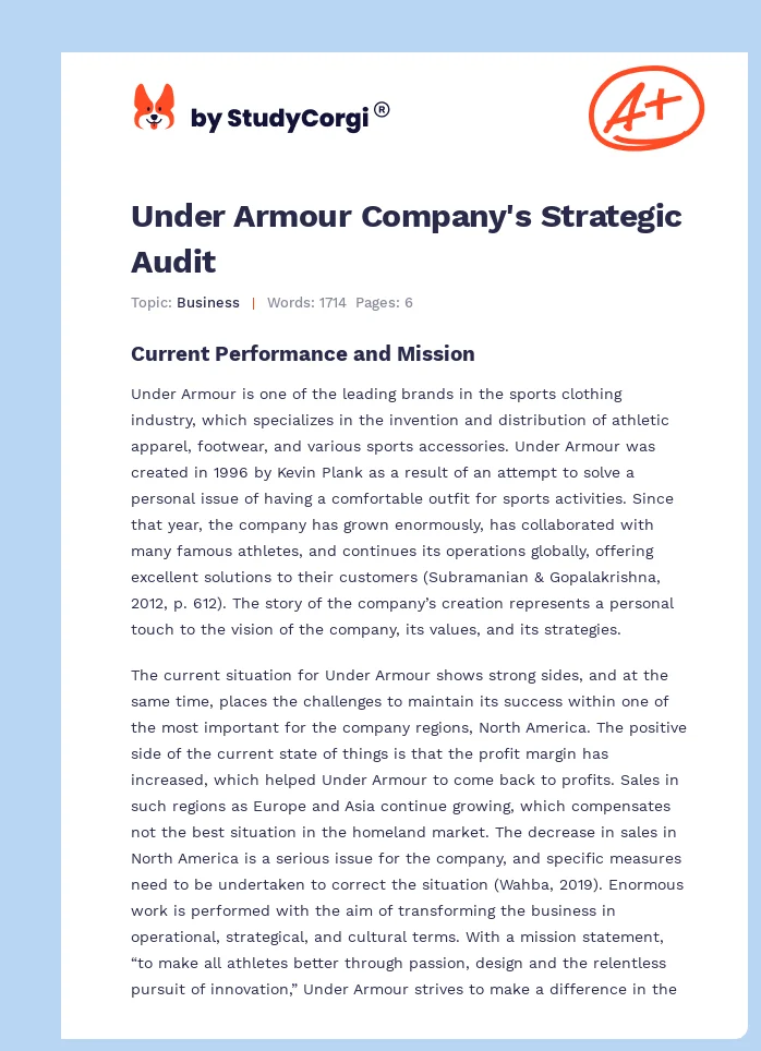 Under Armour Company's Strategic Audit. Page 1