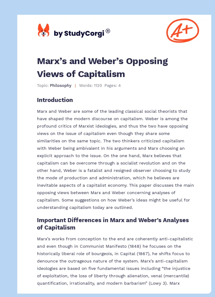 Marx’s and Weber’s Opposing Views of Capitalism. Page 1