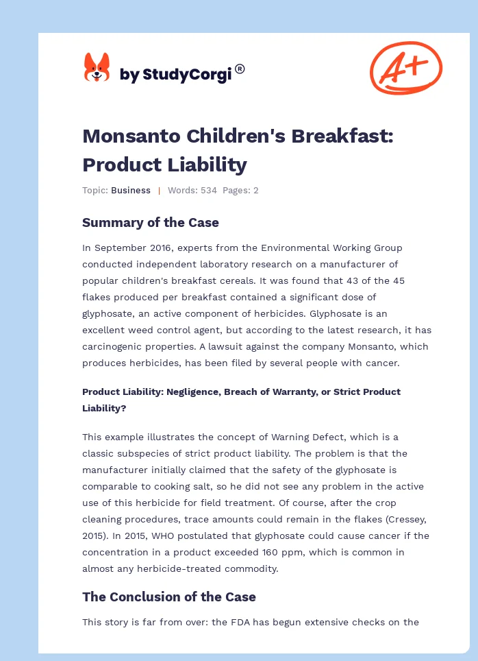 Monsanto Children's Breakfast: Product Liability. Page 1