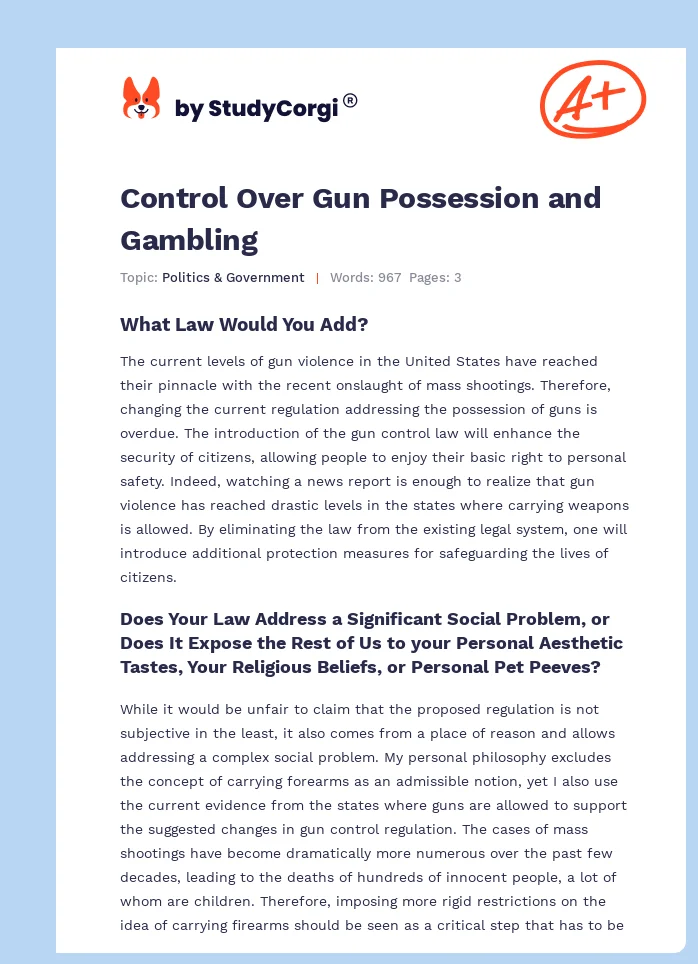 Control Over Gun Possession and Gambling. Page 1