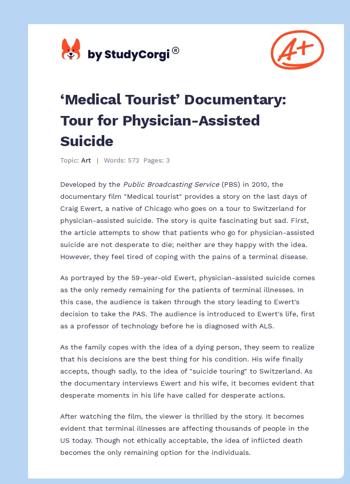 ‘Medical Tourist’ Documentary: Tour for Physician-Assisted Suicide. Page 1