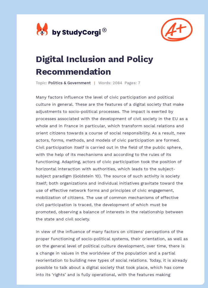 Digital Inclusion and Policy Recommendation. Page 1
