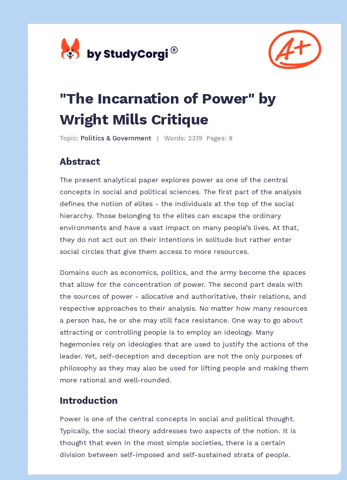 "The Incarnation of Power" by Wright Mills Critique. Page 1