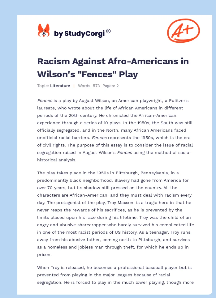 Racism Against Afro-Americans in Wilson's "Fences" Play. Page 1