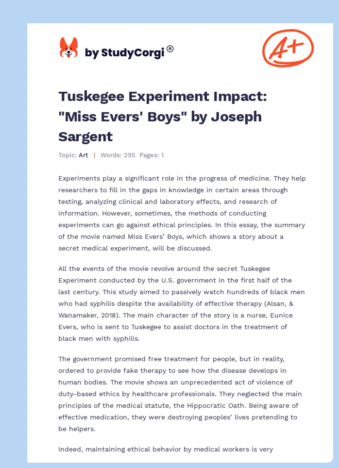 Tuskegee Experiment Impact: "Miss Evers' Boys" by Joseph Sargent. Page 1