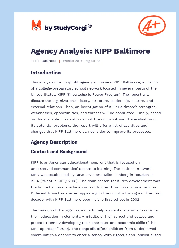 Agency Analysis: KIPP Baltimore. Page 1
