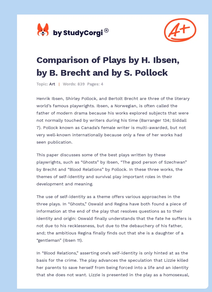 Comparison of Plays by H. Ibsen, by B. Brecht and by S. Pollock. Page 1