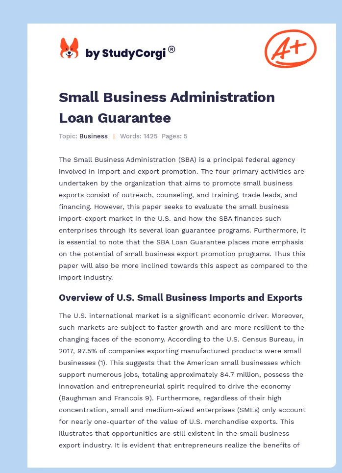 Small Business Administration Loan Guarantee. Page 1