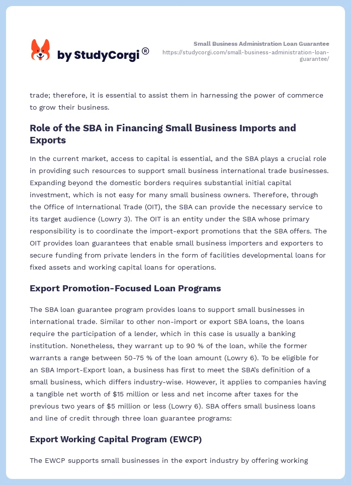 Small Business Administration Loan Guarantee. Page 2