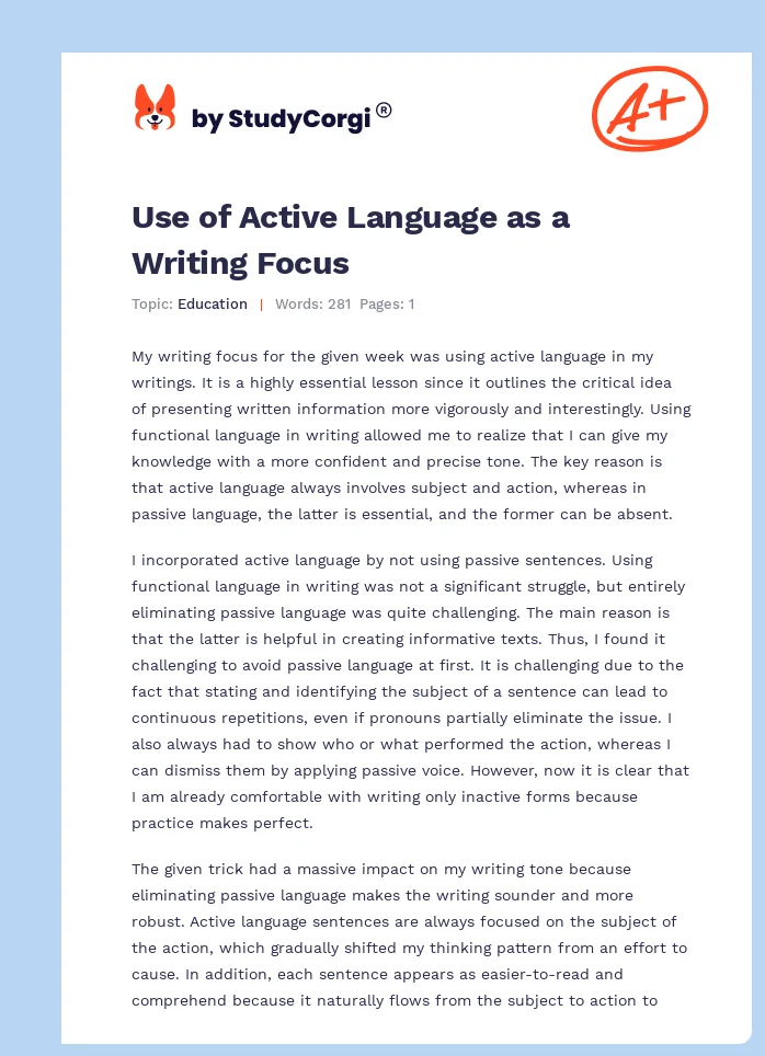 Use of Active Language as a Writing Focus. Page 1